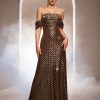 Sleeveless Off-the-shoulder Bodycon Sequined A-line Evening Gown